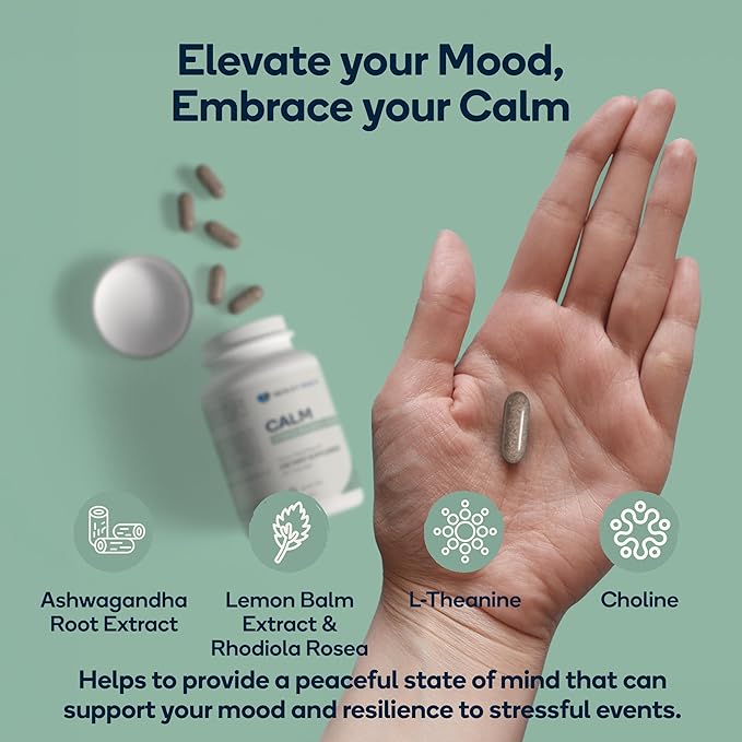 Calm - Natural Stress Relief &amp Mood Support Supplement - Ashwagandha Lemon Balm L-Theanine - 60 Vegan Capsules (Calm)