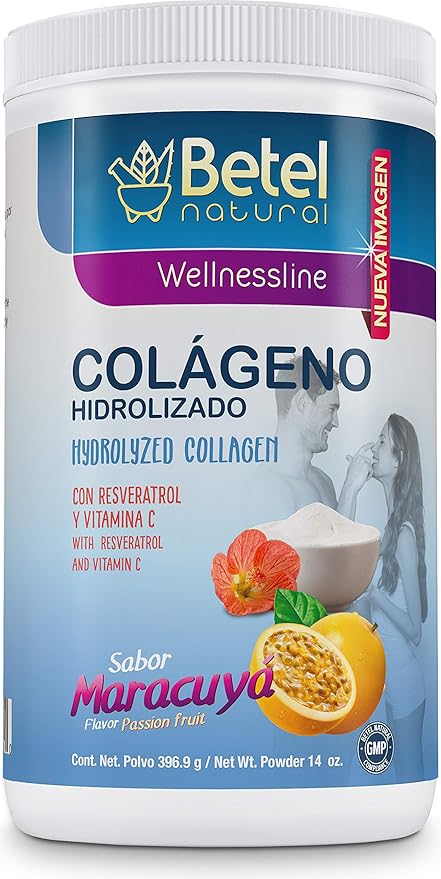 Betel Natural Premium Hydrolyzed Collagen (Colageno) Powder Healthy Skin Hair and Nails Support - Maracuya (Passionfruit) Flavor