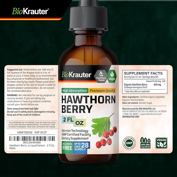 BIO KRAUTER® Hawthorn Berry - Pure Vegan Hawthorne Berry Supplement - Used for Overall Support &amp Daily Wellness - Liquid Drops 655 mg per Serving - Alcohol &amp Sugar Free 2 Fl. Oz 28 Days of Su