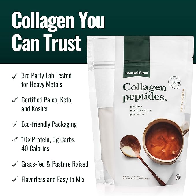 Natural Force Organic MCT Oil + Grass Fed Collagen Peptides Bundle – Organic Non GMO 100% Pure Coconut MCTs &amp Hydrolyzed Type I and III Collagen Protein - 16 Ounce Bottle and 11.7 Ounce Bag