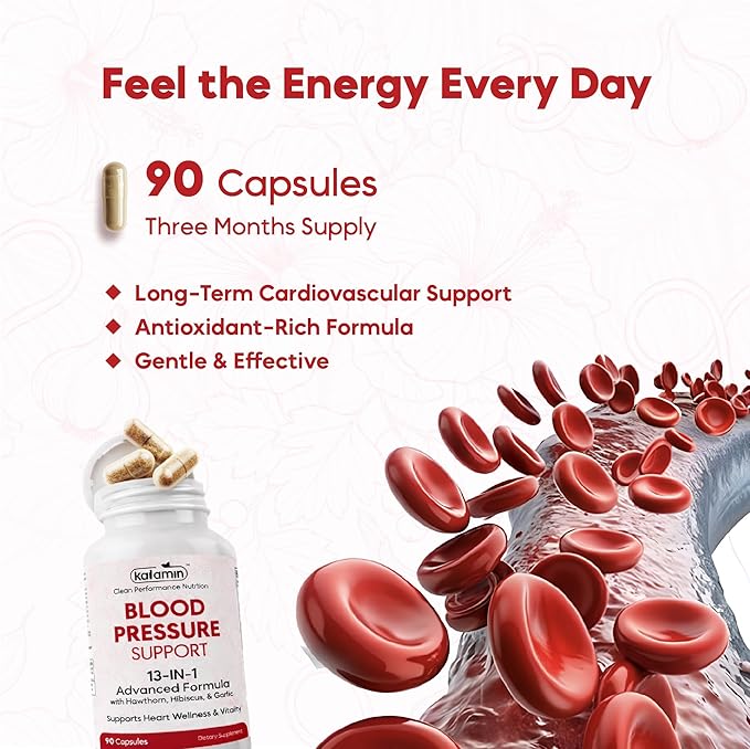 Blood Pressure Support Supplement - Circulation Support &amp Heart Health Supplements - 13-in-1 Formula with Hawthorn Berry Hibiscus &amp Garlic Supplements - 90 Capsules (3-Month Supply)