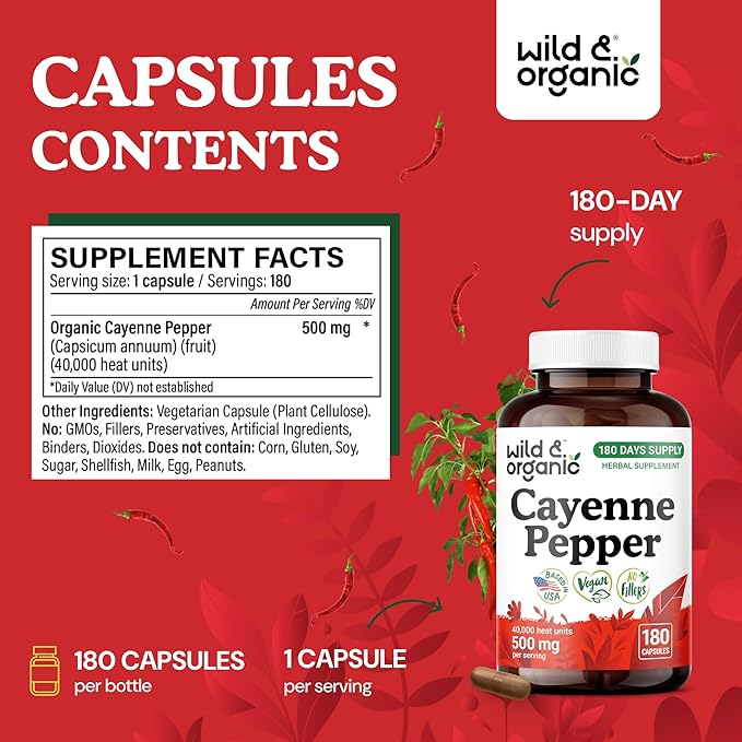 Wild &amp Organic Cayenne Pepper Capsules 500 mg - Digestive Support - Pure Cayenne Pepper Extract - Capsaicin Powder Supplement - Vegan No Fillers Non-GMO - 180 Count