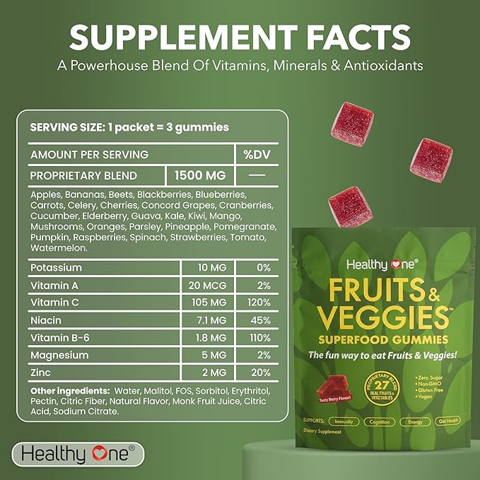 Fruits &amp Veggies Sugar-Free Gummies - 27 Whole Foods - Equals 3 Servings of Fruits &amp Vegetables - Improve Energy Focus &amp Immune Function - Fiber - Antioxidants - Organic Ingredients - 28
