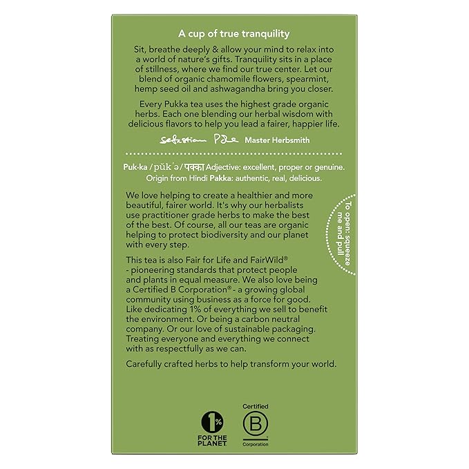 Pukka Organic Tea Bags Spearmint Ashwagandha and Hemp Seed Oil Peace Herbal Tea 20 Count (Pack of 3)