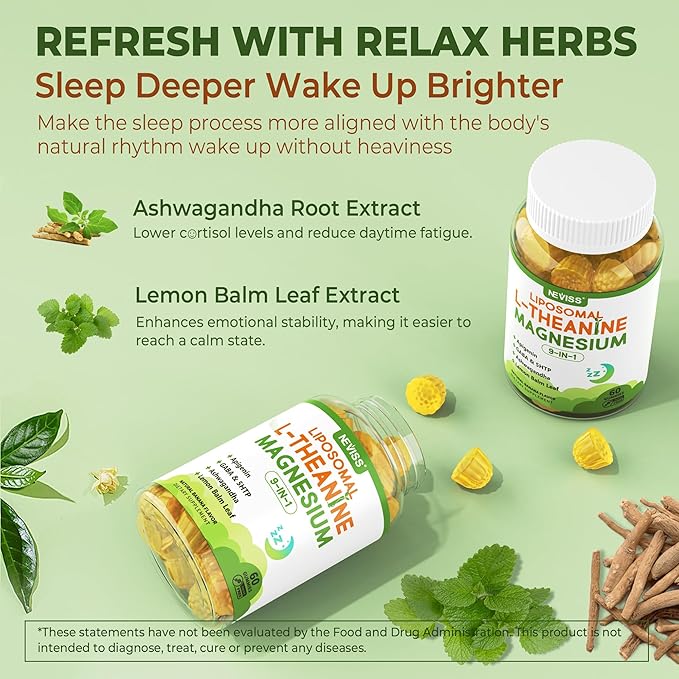 Liposomal L-Theanine 200mg Magnesium Glycinate 400mg Gummies with GABA 5HTP Apigenin Vitamin B6 &amp D3 Ashwagandha Lemon Balm Leaf Melatonin Free Sleep Chewable for Relax Mood &amp Muscle 2