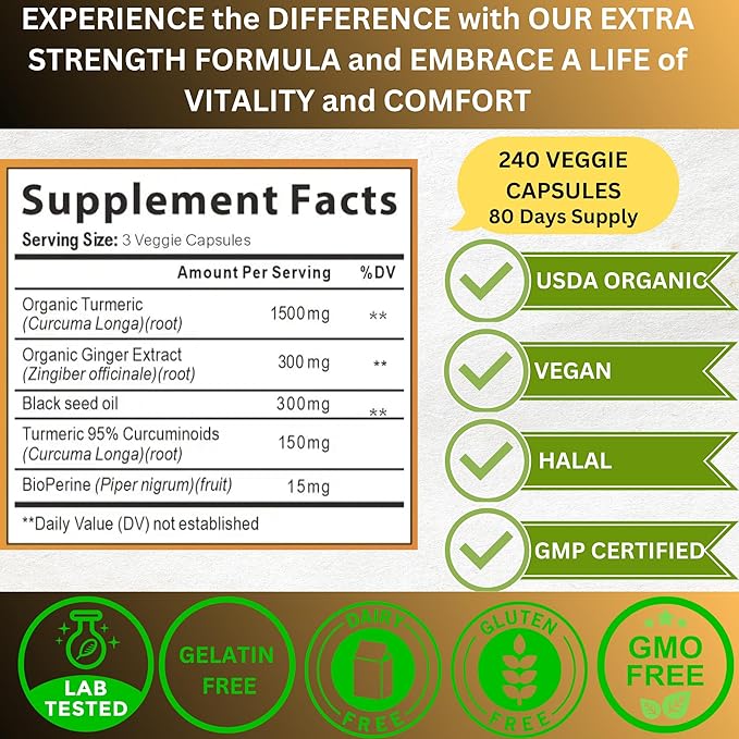 World 1st.Turmeric Curcumin Ginger&ampBlack Seed Oil 240 Caps 2250mg 95% Curcuminoids BioPerin Added Extra Strength Organic Halal Vegan Support Immune System Antioxidant Joint Support