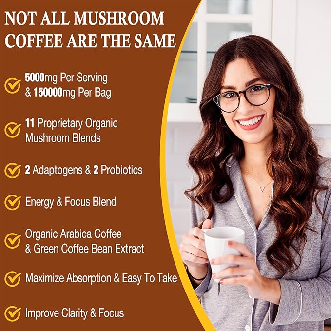 Mushroom Coffee 11 Organic Mushrooms Plus Adaptogens &amp Probiotics with Lion's Mane Chaga Reishi Cordyceps Complex Instant Coffee for Focus Energy Gut Digestion Immunity - 5.3oz