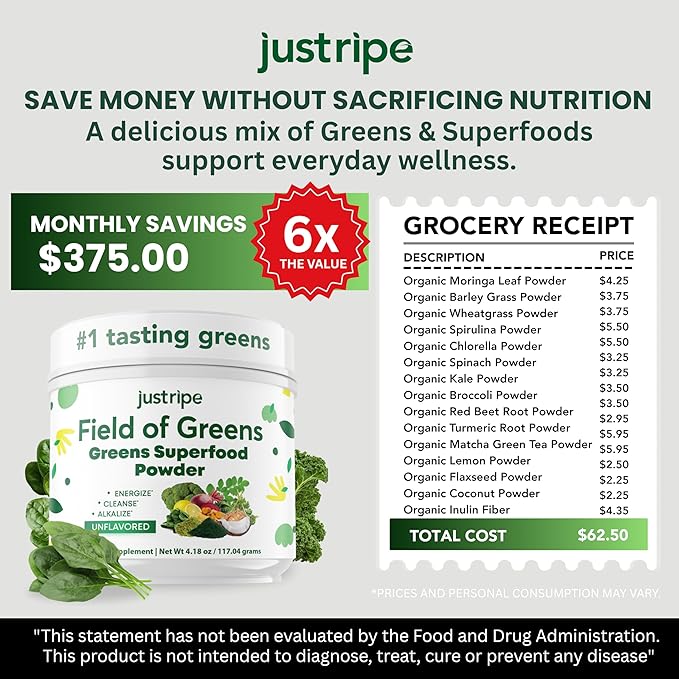 Field of Greens Superfood Powder with Organic Spirulina Chlorella Beet Root Powder - Bacillus Coagulans Probiotic A Plant-Based Mix Supporting Gut Health Immunity 28 Scoops - Unflavored