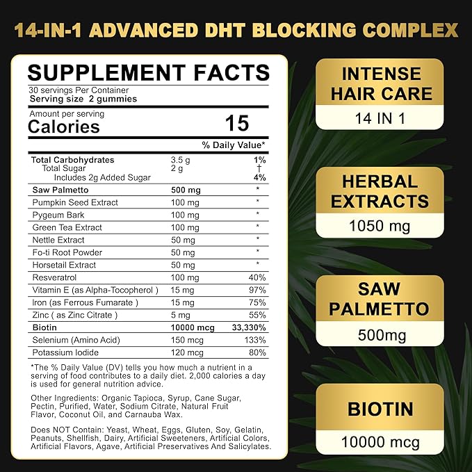 DHT Blocker Gummies Hair Growth Supplement Super Potency Saw Palmetto &amp Biotin 10000 mcg for Women &amp Men Plus 12 Proprietary Blend - Prevent Hair Loss Blocking DHT Receptors Hormonal Balan