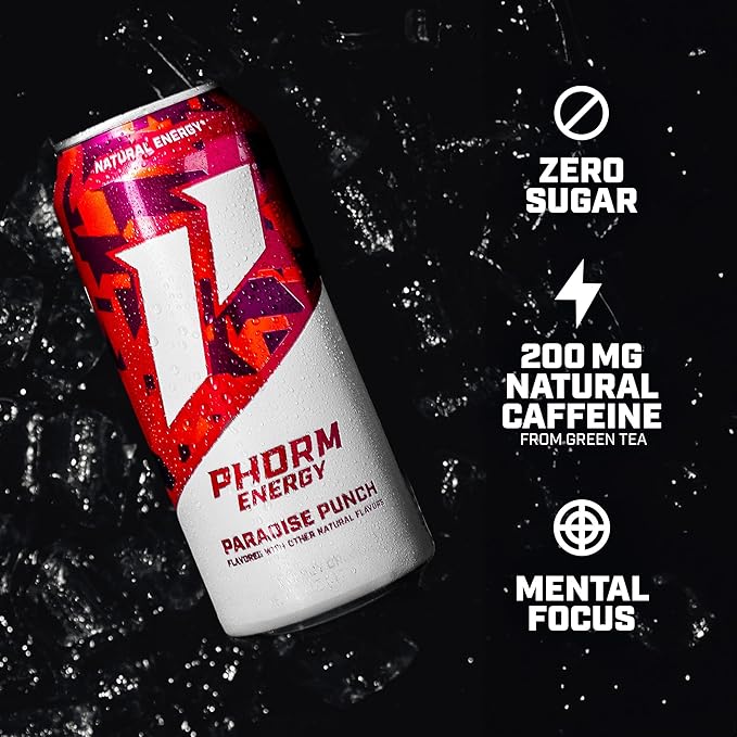 Phorm Energy Drink Paradise Punch 200 MG Natural Caffeine From Green Tea Sugar Free Carbonated Drink With Electrolytes &amp Vitamin B12 Dairy &amp Gluten Free Vegan 16 FL Oz Cans 12 Pack