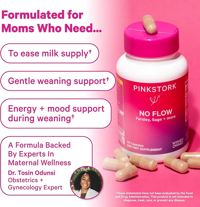 Pink Stork No Flow: Dry Up Breast Milk Supply with Sage Parsley and B Vitamins Postpartum Essentials for Women to Stop Breastfeeding and Decrease Milk Production 60 Capsules