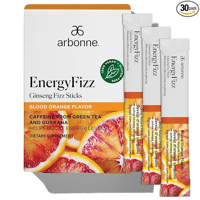 Arbonne Ginseng Energy Supplements - Blood Orange Flavor Fizz Sticks Energy Boost with Caffeine Powder from Guarana and Green Tea Delicious Alternative to Caffeine Pills