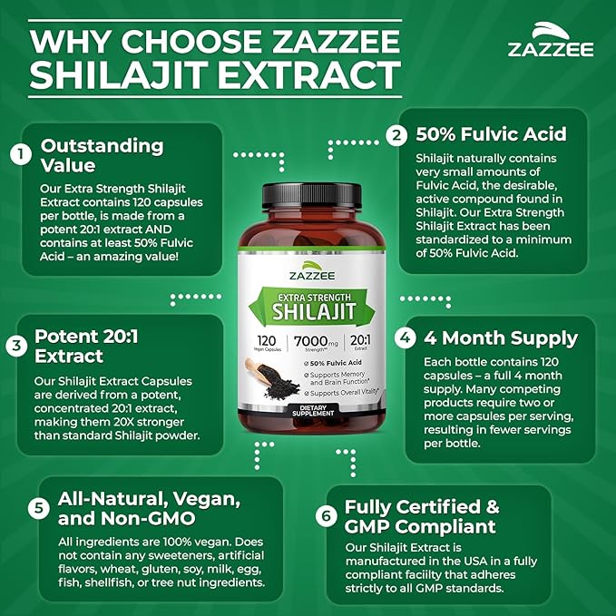 Zazzee 100% Pure Himalayan Shilajit 20:1 Extract 50% Fulvic Acid 120 Vegan Capsules 4 Month Supply Rich in Trace Mineral 20X Potency Energy &amp Vitality Support Non-GMO Made in the USA