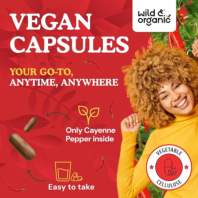 Wild &amp Organic Cayenne Pepper Capsules 500 mg - Digestive Support - Pure Cayenne Pepper Extract - Capsaicin Powder Supplement - Vegan No Fillers Non-GMO - 90 Count
