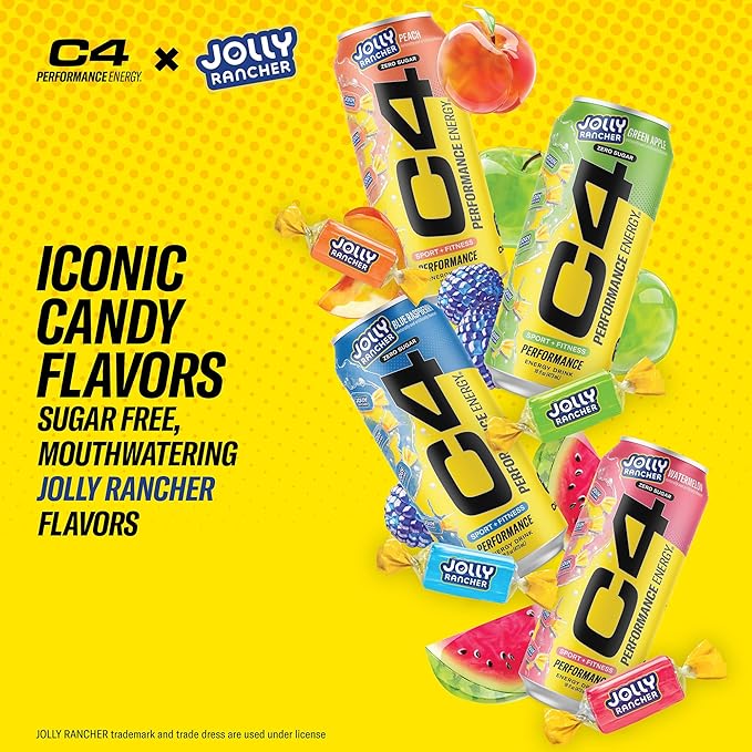 Cellucor C4 Performance Energy Drink | JOLLY RANCHER Green Apple | Zero Sugar Carbonated Preworkout Energy | 200mg Caffeine with Beta Alanine | 16 Fl Oz (24 Pack)