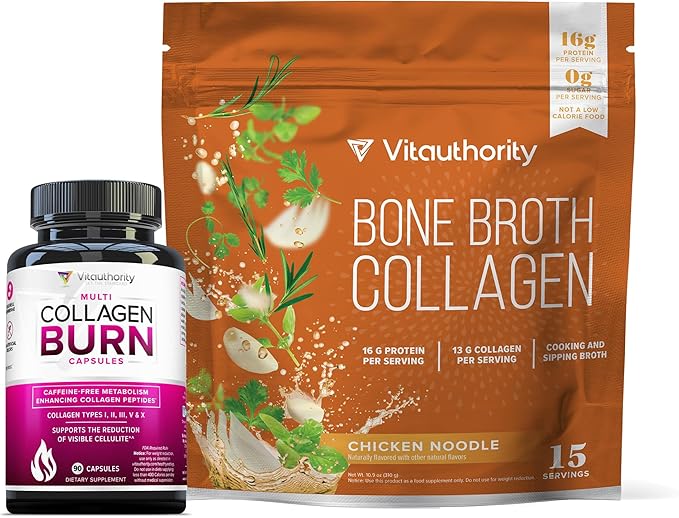Vitauthority Multi Collagen Burn Capsules: Hydrolyzed Protein Peptides with Hyaluronic Acid and Bone Broth Collagen Delicious Chicken Noodle Flavored - Packed with 16g of Protein