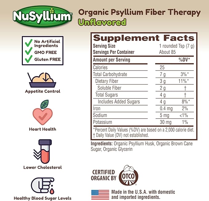 NuSyllium Psyllium Husk Powder USDA Organic 21 Oz Dietary Fiber Supplement with Brown Sugar Helps Promote Digestive Health* Unflavored 85 Servings