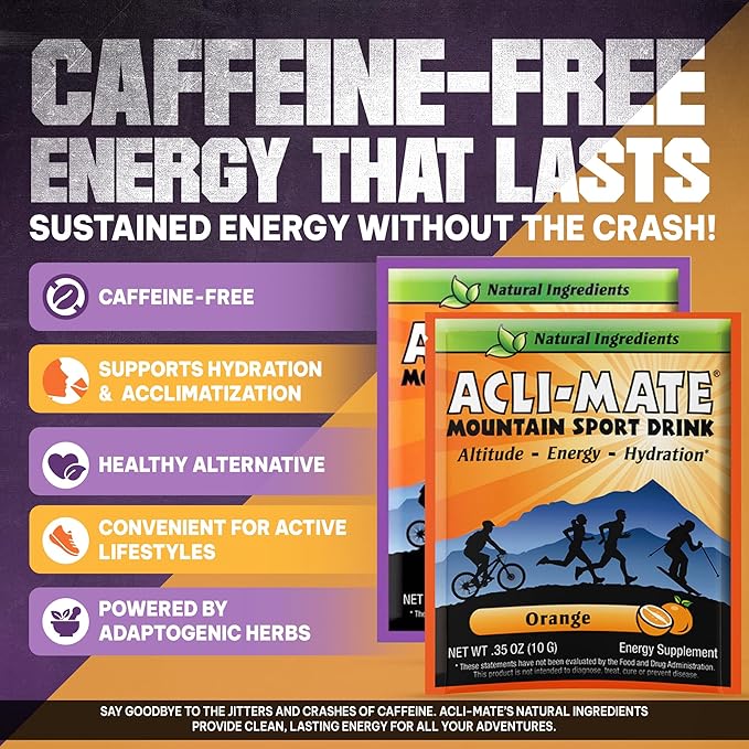 Acli-Mate Mountain Sport Drink Mix - Energy Powder Supplement - High Altitude Acclimatization Hydration - Recovery Drink for Running Cycling Hiking Workout Skiing &amp More (Grape + Orange 60 CT