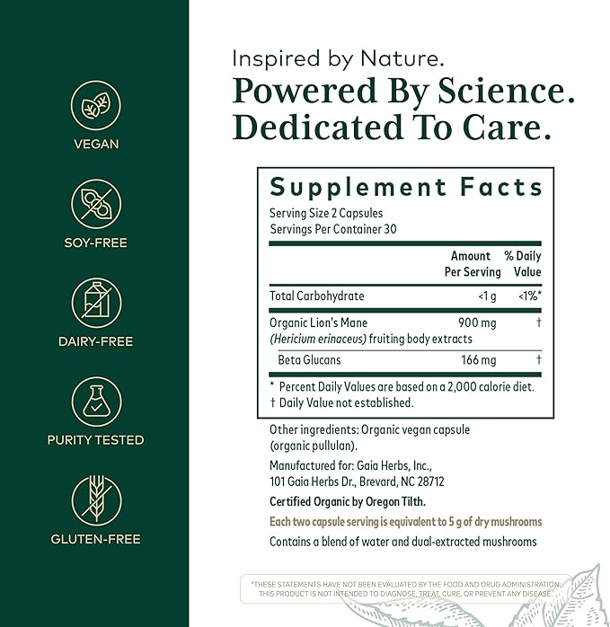 GAIA HERBS PRO Lion's Mane Mushroom - Supports Brain &amp Neurological Health* - Organic Mushrooms - 2500mg Per Serving - Gluten-Free - 60 Capsules (30 Servings)