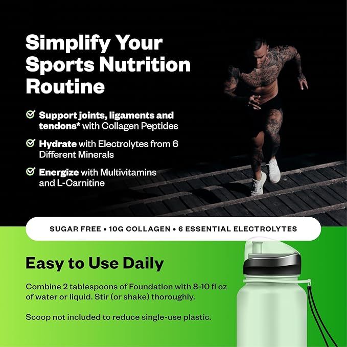 Foundation Collagen Peptides + Electrolytes Powder 10g Hydrolyzed Collagen Multivitamins | Joint &amp Hydration Support for Endurance Athletes | Sugar-Free 30 Servings Lemon Lime