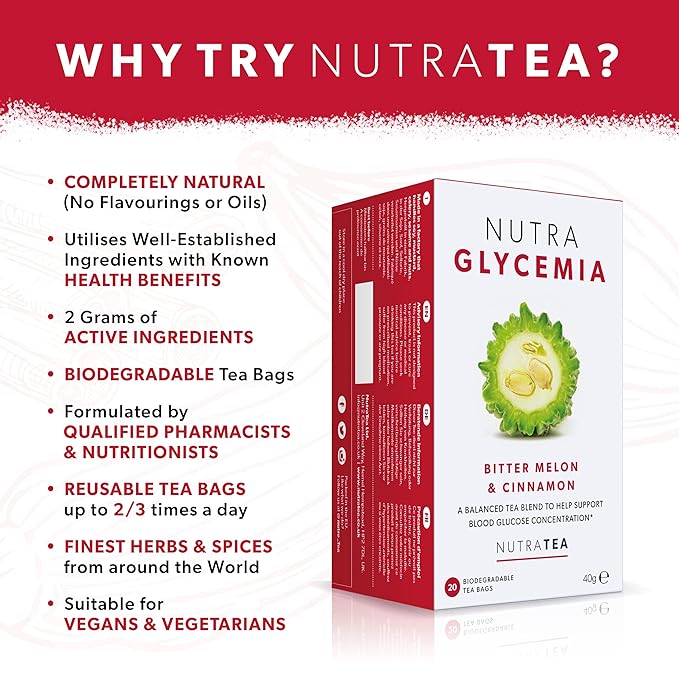 Nutra Tea NUTRAGLYCEMIA - Bitter Melon Tea - Includes Bitter Melon Fenugreek &amp Banaba Leaf - 60 Enveloped Tea Bags Herbal Tea