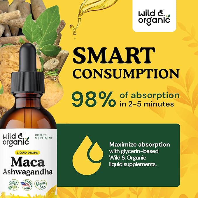 Wild &amp Organic Maca Ashwagandha Drops for Men and Women - Peruvian Maca Root and Ashwagandha Tincture for Overall Support - Vegan Sugar &amp Alcohol-Free Extract Supplement - 2 fl oz