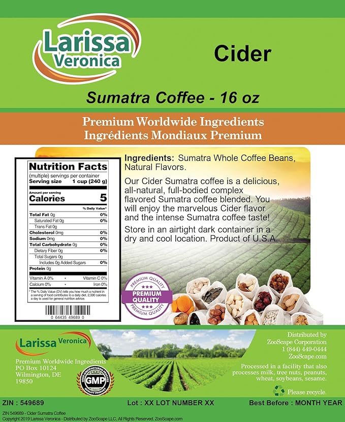 Cider Sumatra Coffee (Gourmet Naturally Flavored Whole Coffee Beans) (16 oz ZIN: 549689) - 2 Pack
