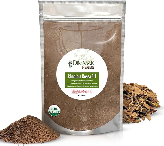 Dimmak Herbs Organic Rhodiola Rosea Extract 5:1 Powder (High Potency Adaptogen)- TCM Doctor Formulated 100% Golden Root for Energy Focus &amp Cortisol Support- Non-GMO Extra Strength Concentrate (4
