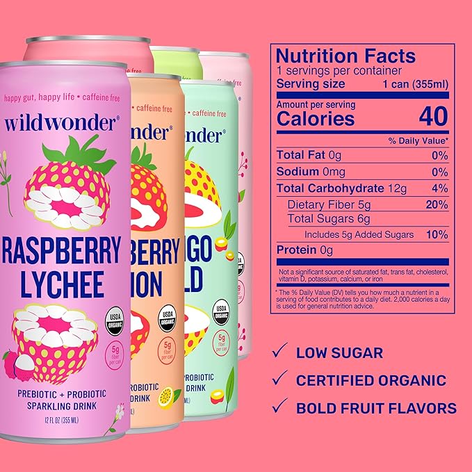 wildwonder Sparkling Probiotic Drink 6pk For Gut Health &amp Immune Support Classic Variety Pack 5g Prebiotic Fiber Live Probiotics Organic Vegan Low Sugar 6 Pack 12oz Can Seen on Shark Tan