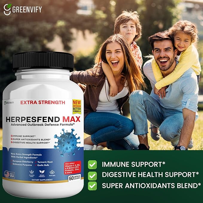 HerpesFend Max Extra Strength Advanced Defense Formula 60 Capsules with Elderberry Echinacea Turmeric Garlic Vitamins and Probiotics (15)