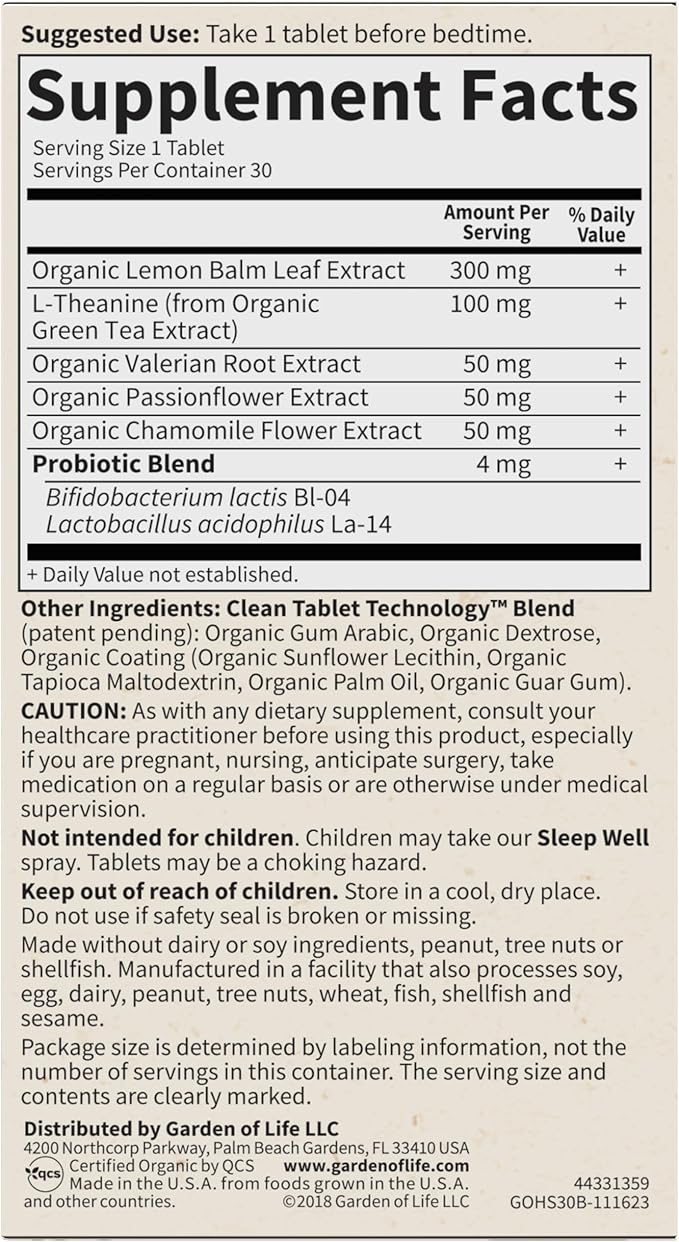 Garden of Life Organics Sleep Well Rest &amp Refresh 30 Tablets Lemon Balm Green Tea Extract L-Theanine Valerian Root Chamomile Probiotics-Organic Non-GMO Vegan Gluten Free Herbal Supplement