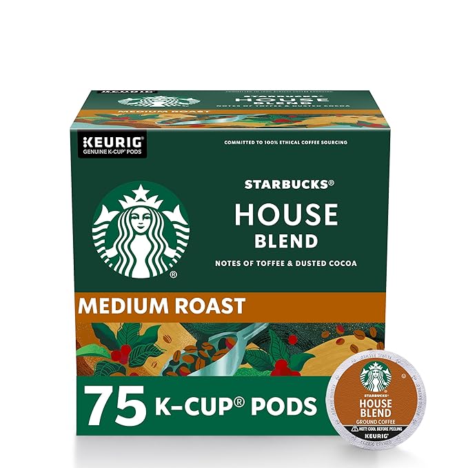 Starbucks K-Cup Coffee Pods Medium Roast House Blend for Keurig Coffee Makers 100% Arabica 1 Box (75 Pods)