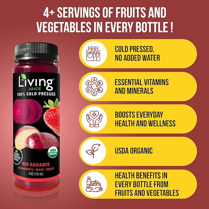 O2 Living Juice Cold Pressed Drink - Red Radiance Organic Juice Pack - No Added Sugar or Water Naturally Sweetened from Fruits Rich in Nutrients &amp Vitamins - Refreshing &amp Non-GMO - 4 fl oz
