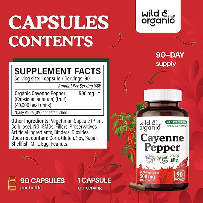 Wild &amp Organic Cayenne Pepper Capsules 500 mg - Digestive Support - Pure Cayenne Pepper Extract - Capsaicin Powder Supplement - Vegan No Fillers Non-GMO - 90 Count