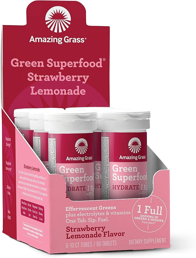 Amazing Grass Electrolyte Tablets Fizzy Greens Water Flavoring Tablet with Vitamins Hydrate Strawberry Lemonade 10 Count (Pack of 6) (Packaging May Vary)