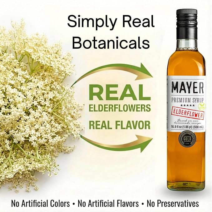 Mayer Elderflower Syrup ( Cordial ) Award - Winning Only Real Elderflowers and 3 Natural Ingredients Vegan Gluten Free Perfect for Cocktails Lemonades Coffee Desserts - No Artificial Additives