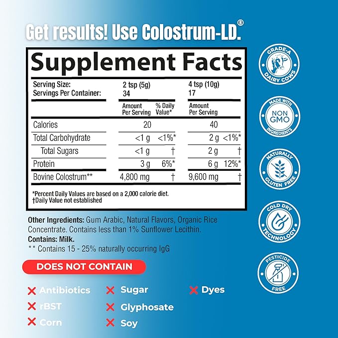 Colostrum-LD Liposomal Delivery - Colostrum Powder - Gluten-Free Lactose-Reduced - 34 Servings - Sovereign Laboratories - 6 oz Vanilla