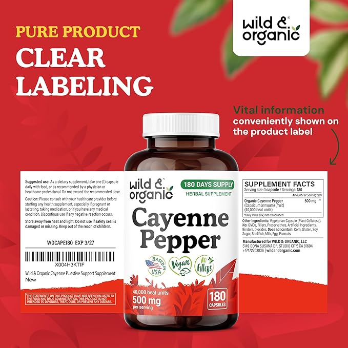 Wild &amp Organic Cayenne Pepper Capsules 500 mg - Digestive Support - Pure Cayenne Pepper Extract - Capsaicin Powder Supplement - Vegan No Fillers Non-GMO - 180 Count