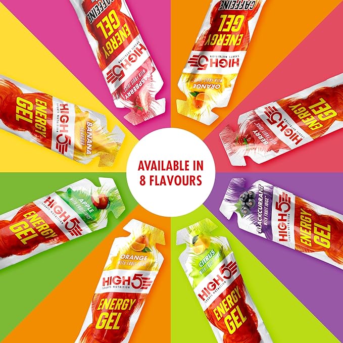 HIGH5 Energy Gels - Quick Release Sports Gels to Power Muscles for Top Performance - Natural Fruit Juice &amp Caffeine-Free - On The Go Energy Boost for Running Cycling and More (Blackcurrant 20 x