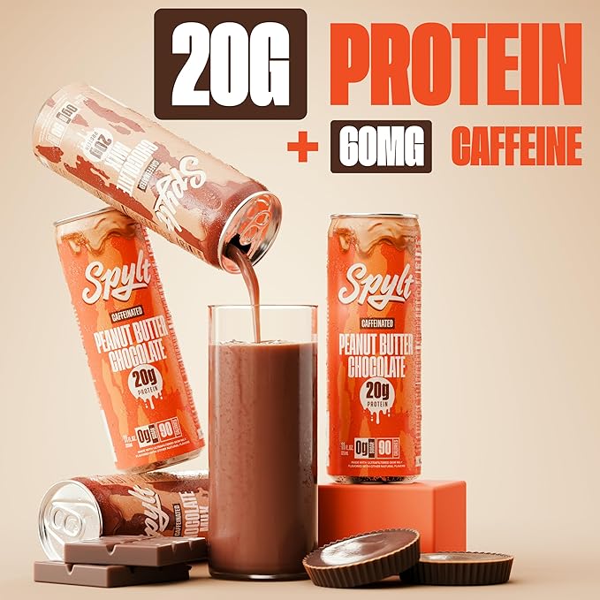 Spylt High Protein Chocolate/Peanut Butter Chocolate Milk with 60mg Caffeine &amp 20g Protein - 90 Calories Ready to Drink Sugar Free Lactose Free Milk Perfect for Workout Recovery &amp Afternoo