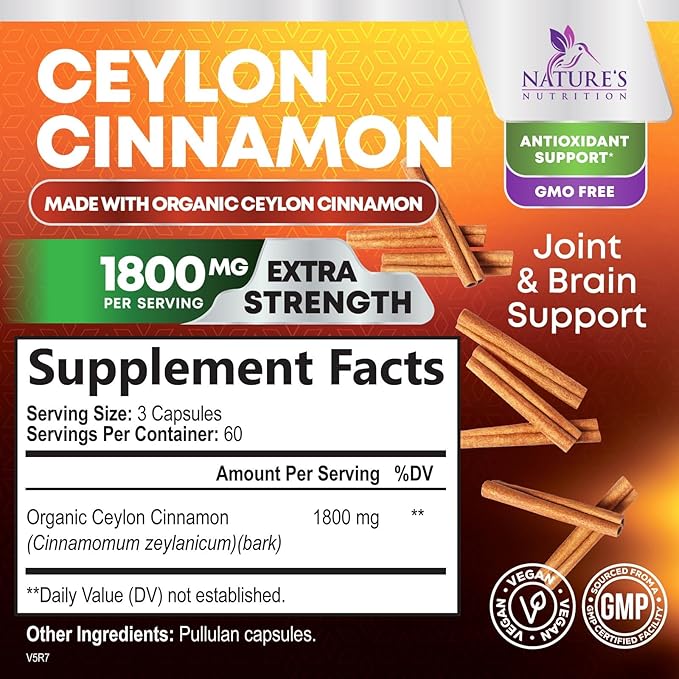 Organic Ceylon Cinnamon 1800mg Per Serving - Extra Strength Certified Organic Ceylon Cinnamon Powder Pills Supplement - Energy &amp Heart Support Antioxidant for Women &amp Men Bottled USA - 180 Ca