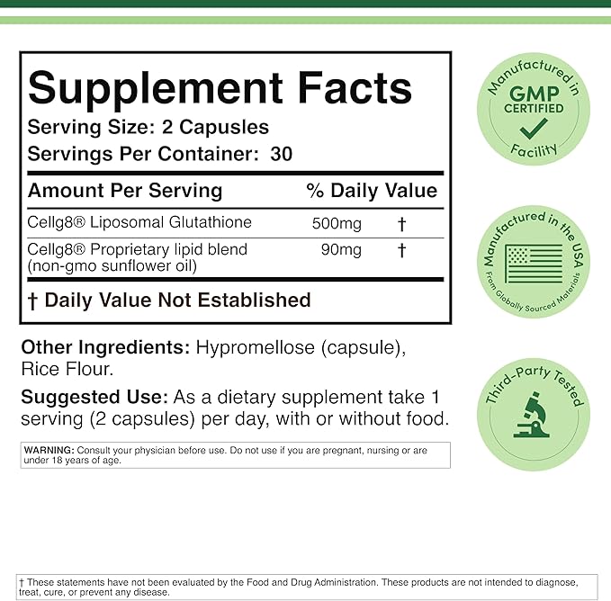 Liposomal Glutathione Supplement 500mg per Serving 60 Capsules (Vegan Safe Non-GMO) Max Absorption Liposomal Glutathione with Genuine Smell and Taste by Double Wood (Pack of 2)