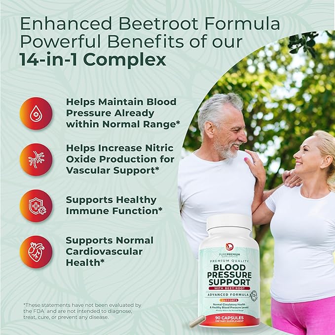 PurePremium Beet Root Capsules for Blood Pressure Support – 14-in-1 Formula with Beetroot Powder Hawthorn Hibiscus &amp Garlic for Normal Nitric Oxide Production &amp Heart Health – Non-GMO - 90ct