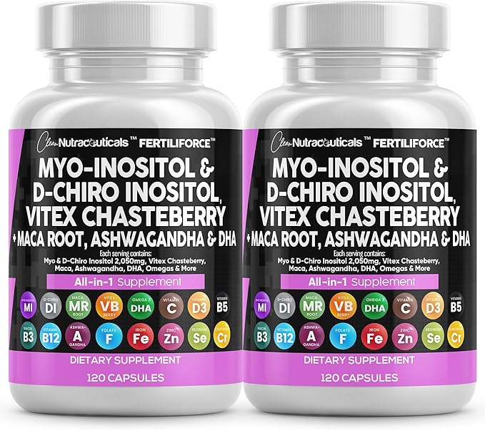Myo-Inositol &amp D-Chiro Inositol 2050mg Fertility Supplement 40:1 Ratio - Prenatal Vitamins for Women with Ashwagandha Maca Root Vitex Chasteberry Iron DHA Folic Acid DIM Zinc - 2Pack