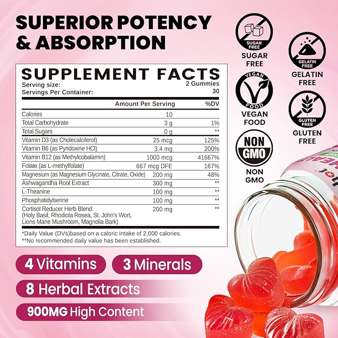 Cortisol Gummies 15 in 1 Lower Cortisol Supplements for Women w. Ashwagandha Magnesium Phosphatidylserine Folate for Hormone Balance Mood Focus Sleep Support Sugar Free Vegan 60