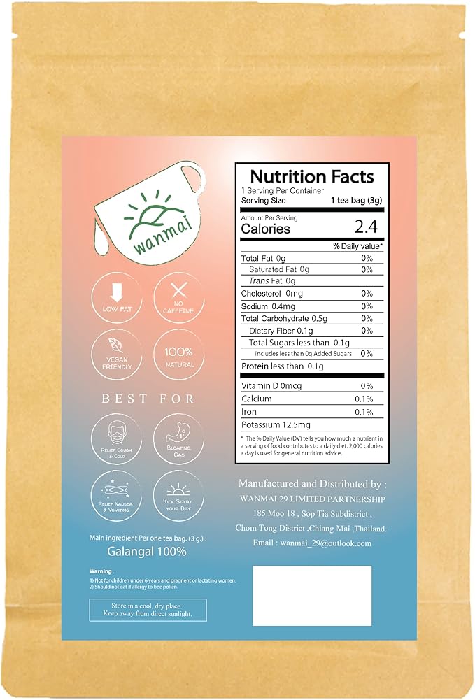 Galangal Tea Bags 30-Count Natural Sugar Free Drink Supports Vegan and Ketogenic Diets No Caffeine or Harsh Additives 100% Real Herb in Kraft Steeping Bag