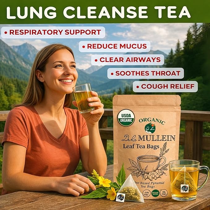 Dr. Lu’s Organic Mullein Leaf Tea | High-Altitude Grown in the Rocky Mountains | Pure Botanical Respiratory Support | 30 x 3g Premium Fill Corn Fiber Pyramid Bags (No Plastic No Nylon)