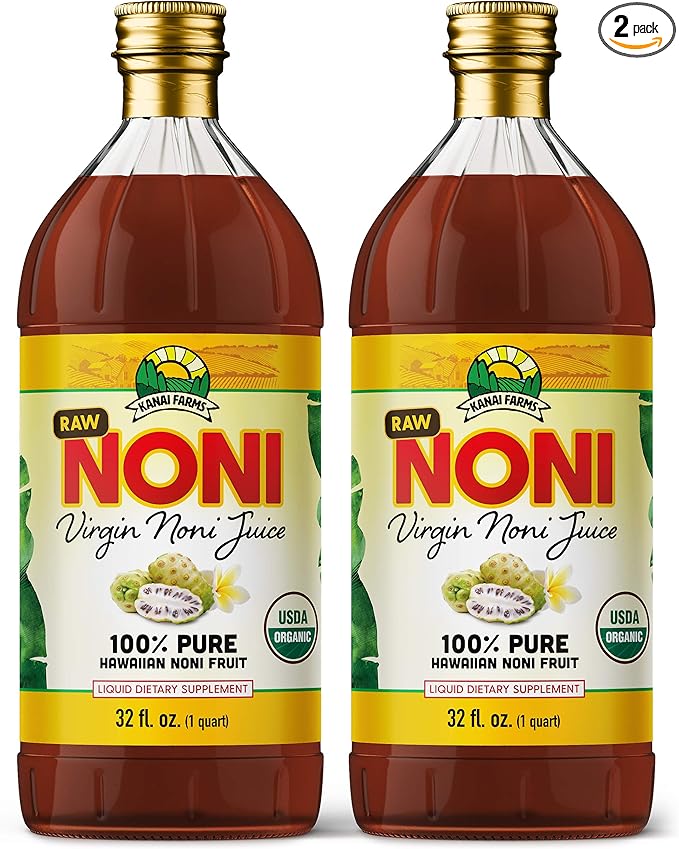 Virgin Noni Juice - RAW (Unpasteurized) 100% Pure Organic Hawaiian Noni Juice - 2 Pack of 32oz Glass Bottles