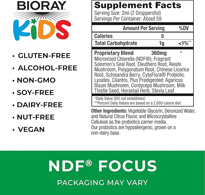 BIORAY Kids NDF Focus Citrus - 4 fl oz - Supports Cognitive Function Enhances Clarity &amp Promotes Steady Energy Levels - Non-GMO Vegetarian Gluten Free - 2-4 Month Supply