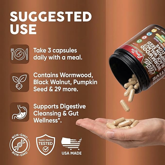Clean Nutra Wormwood Black Walnut Pumpkin Seed Clove Oil Celery Garlic Grape Papaya Neem Diatomaceous Earth Womens Probiotic Gut Health Cleanse Detox Oregano Olive Turmeric Supplement Vegan Capsules